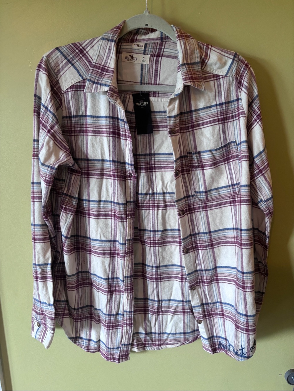 Hollister White Plaid Button-Down Shirt with Purple and Navy Stripes